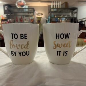 Pfaltzgraff White Mugs with Gold and Black Text